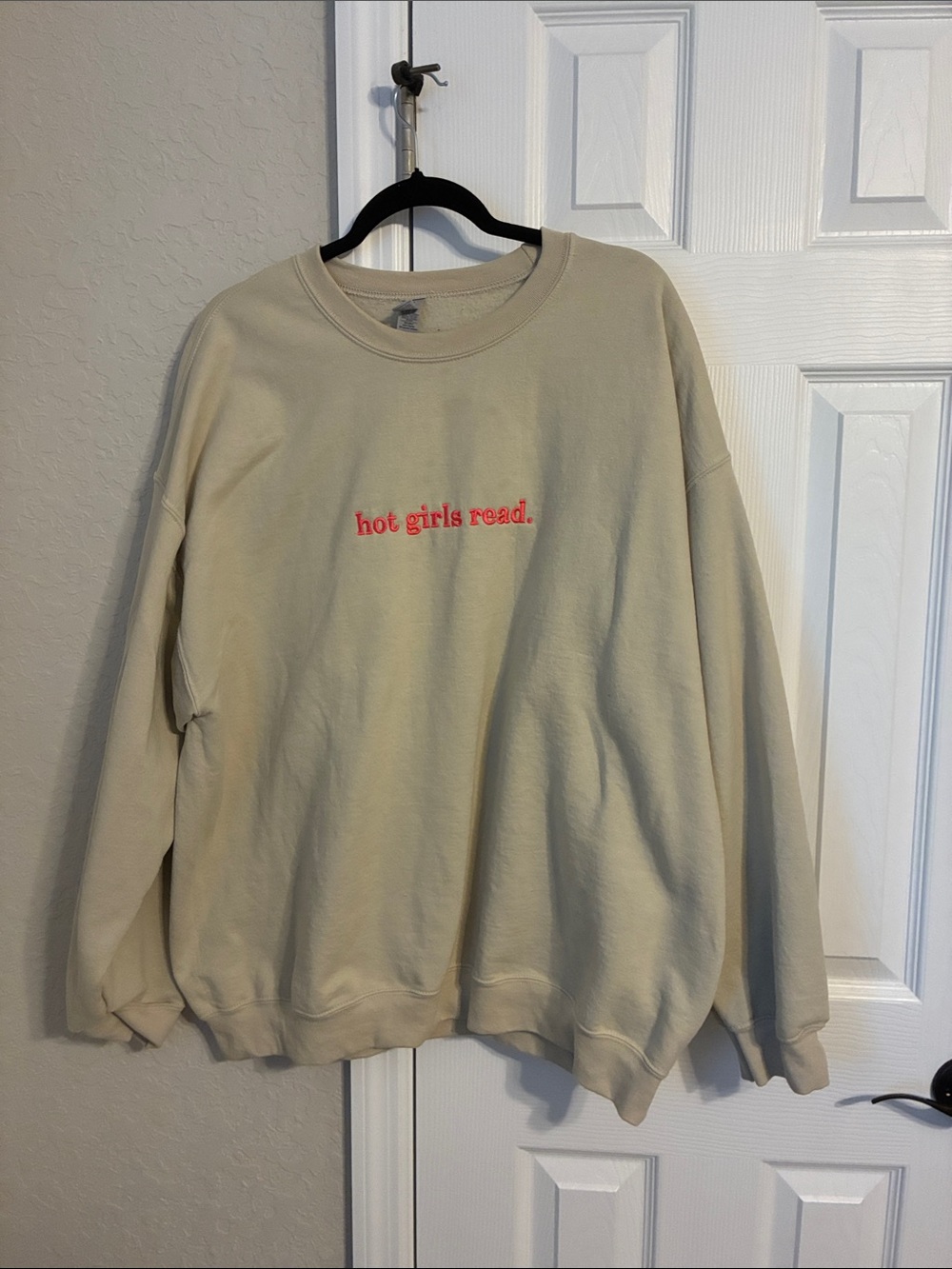 Gildan Cream Crewneck Sweater with Pink Embroidered Text